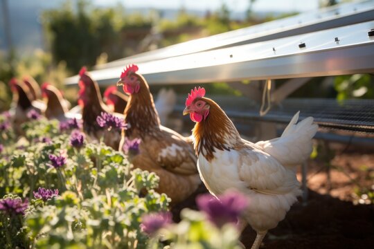 Modern farm, grazing chicken under solar panel system