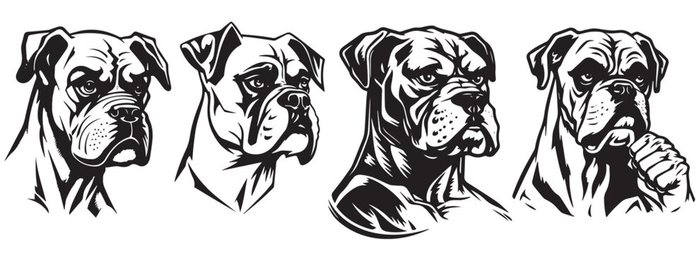 Boxer dogs heads, vector black illustration, silhouette image of animal, laser cutting