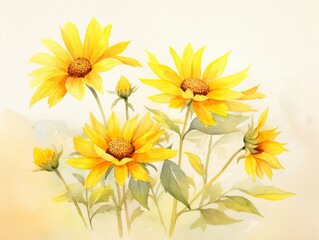 Minimalistic Superb Watercolor Illustration of Yellow Flowers AI Generated