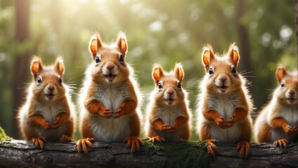 Many cute fluffy squirrels in nature in the forest