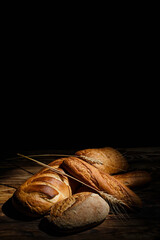 Fresh loaves of bread, various breads for toasts and sandwiches, delicious crispy breads,...