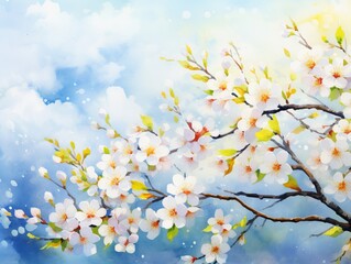 Minimalistic Watercolor Illustration of Pink Cherry Tree Blossom Flowers Blooming in Spring AI Generated