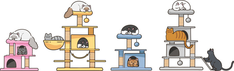 Simple and adorable illustrations of Cats on Cat Towers