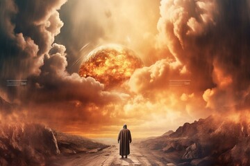 Illustration depicting the return of Jesus Christ and the end of the world. Doomsday, heaven, hell concept. Generative AI