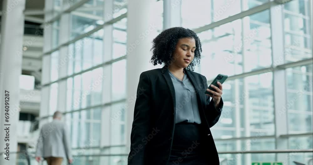 Poster business woman, phone text and airport for travel, commute and employee walking. mobile networking, 
