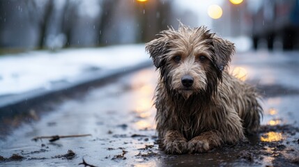 Photo of a homeless wet dog abandoned on the street in winter