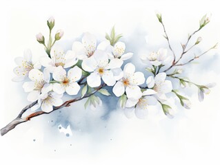 Minimalistic Watercolor Illustration of White Cherry Blossom Flowers on a Branch AI Generated
