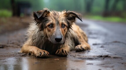 A photo of a homeless wet dog abandoned on the street