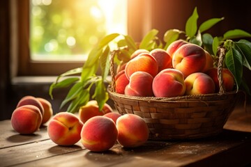 A delightful display of freshly harvested nectarines on a wooden kitchen table