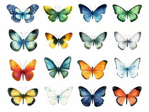 Minimalistic Watercolor Illustration of Bright Hand-Painted Butterflies AI Generated