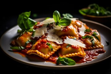 A mouthwatering image of traditional Italian ravioli, garnished with parmesan and tomato sauce