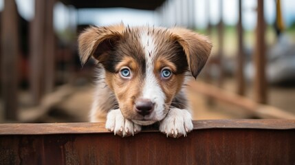 A photo of a stray puppy with blue eyes, abandoned on the street. Dog Shelter