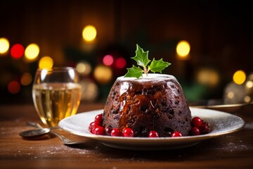 Fototapeta na wymiar Delicious Xmas pudding, glowing in candlelight, amidst Christmas decorations on a rustic table