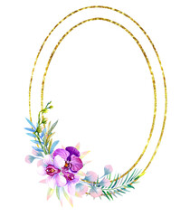 Golden oval frame with pink and purple orchid flowers with delicate leaves, isolated on a white background
