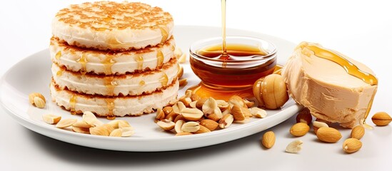 Nutritious breakfast protein snack: rice cakes, peanut butter, and honey. - obrazy, fototapety, plakaty