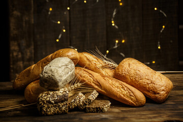 Fresh loaves of bread, various breads for toasts and sandwiches, delicious crispy breads,...