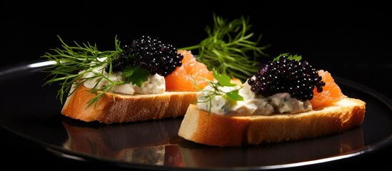 Two tasty fish pate tartines topped with caviar and herbs.