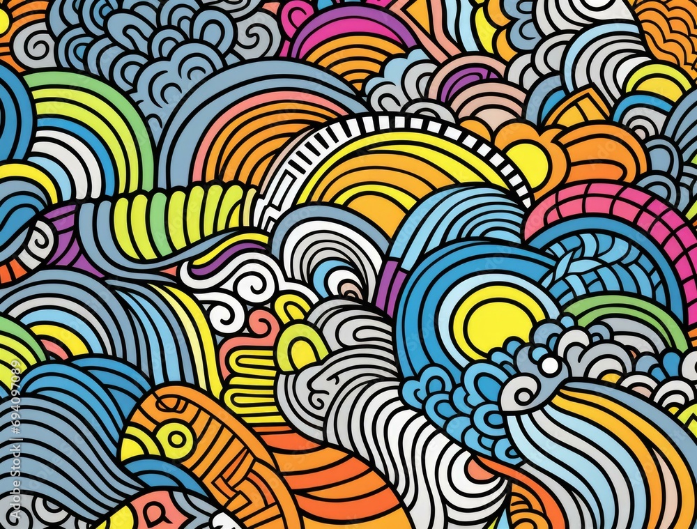 Poster a colorful doodle pattern with waves and clouds. generative ai.