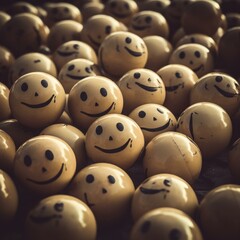 Many yellow smiley faces are arranged in a pile. Generative AI.