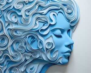 A stunning paper sculpture of a woman's face with wavy hair. Generative AI.