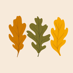 poster with oak leaves. three multi-colored oak leaves on a beige background.
