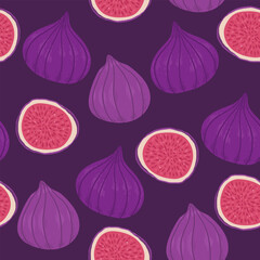 rich pattern with vibrant purple figs. pieces and whole figs are scattered chaotically across the background