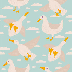 funny ducks fly in different directions against the sky. seamless pattern with white birds.