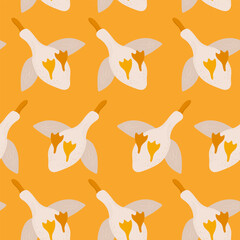 seamless pattern with flying ducks, bottom view. funny duck feet and bellies on a yellow background. goose print
