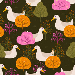 rich pattern with fabulous forest motifs. bright bushes and trees in the forest with ducks.