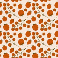Fototapeta na wymiar cherry tomatoes on branches and whole tomatoes on a seamless pattern. print with delicious tomatoes on a beige background.