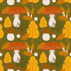 autumn print with fly agarics, trees and leaves. rich autumn forest with seamless edges