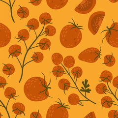 bright red cherry tomatoes on branches and tomatoes on a yellow background without seams. delicious kitchen print with tomatoes
