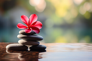 Holistic health concept of zen stones with deep red plumeria flower on blurred background. 