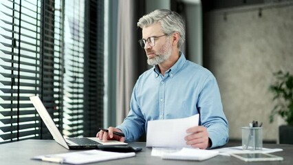 Busy mature gray haired accountant works in an online application using laptop sitting at workplace in business office. Happy financier is satisfied with results of a financial report he is reviewing