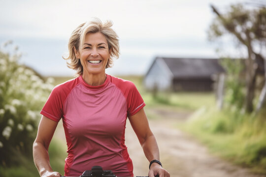 medium shot portrait photography of a a pleased woman in her 40s that is wearing cycling shorts, athletic shirt with a rural countryside background