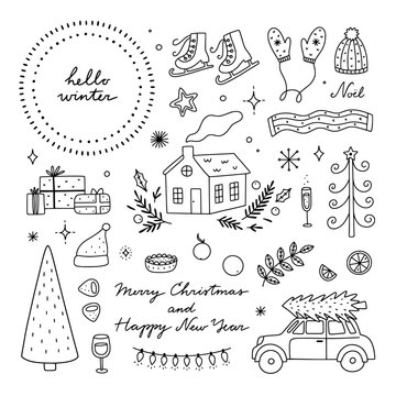 Winter doodles set. Hand drawn Christmas clipart. Christmas tree cute graphics