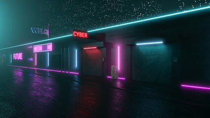 Futuristic night street in industrial style with fog and neon lights in 3D illustration - 694097675