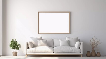 Mockup frame in a simple, comfortable family room interior, 3D rendering, the effect of sunlight through the windows shining on the white wall