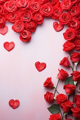 Red roses and hearts. Beautiful festive background with place for text.