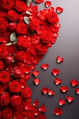 Beautiful flowers, red roses and hearts. Beautiful festive background
