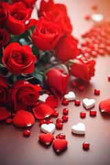 Fototapeta na wymiar Beautiful flowers, red roses and hearts. Beautiful festive background