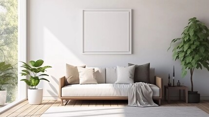 Mockup frame in a simple, comfortable family room interior, 3D rendering, the effect of sunlight through the windows shining on the white wall