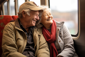 Happy senior couple traveling on train.