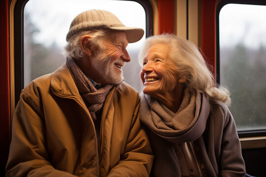 Happy senior couple traveling on train.