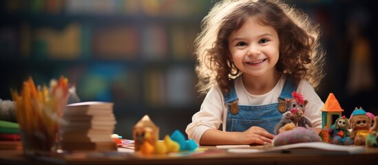 Preschooler happily learns to read and write with playful alphabet letters, educational toys, and books. Student studies and reads in kindergarten.