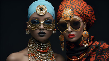 Two women, side by side, adorned in elaborate clothing and jewelry inspired by African aesthetics - obrazy, fototapety, plakaty