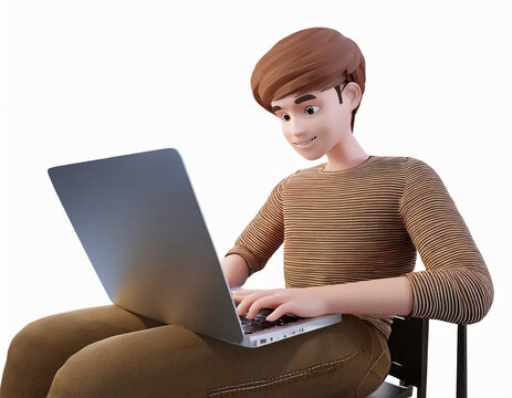 3d render character of a man hands typing keyboard on laptop computer, Isolated on white background with clipping path around body