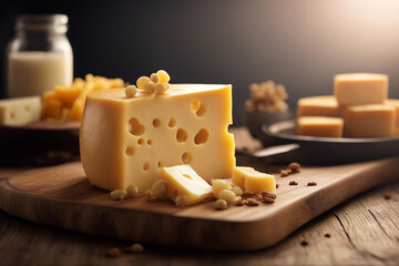 Cheese. Big piece of cheese on a wooden board. Selective focus. AI generated - obrazy, fototapety, plakaty