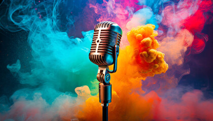 A microphone on a stand with vivid vibrant colorful smoke