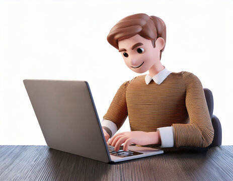 3d render character of a man hands typing keyboard on laptop computer, Isolated on white background